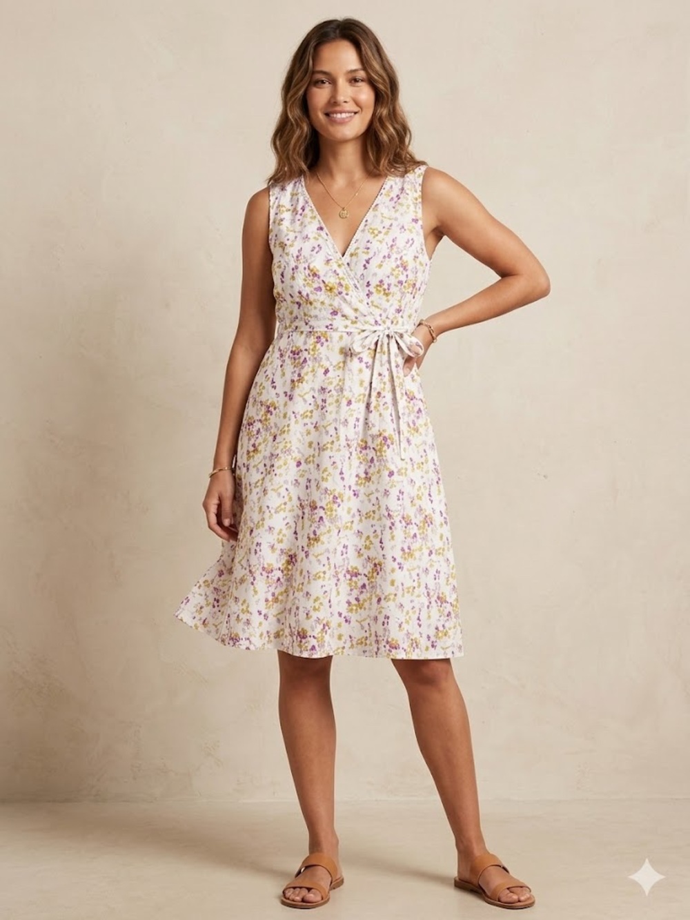 Eddie Bauer White Sleeveless Floral Midi Dress Purple & Olive Green, Size Large